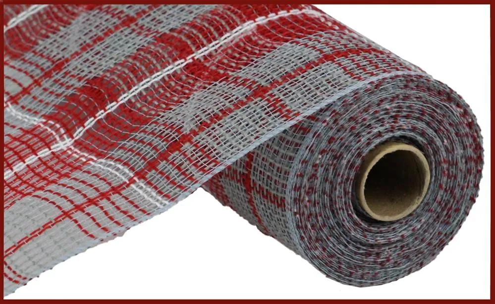 10.25"X10Yd Faux Jute/Large Plaid Mesh  Grey/Red/White  RY8331N4