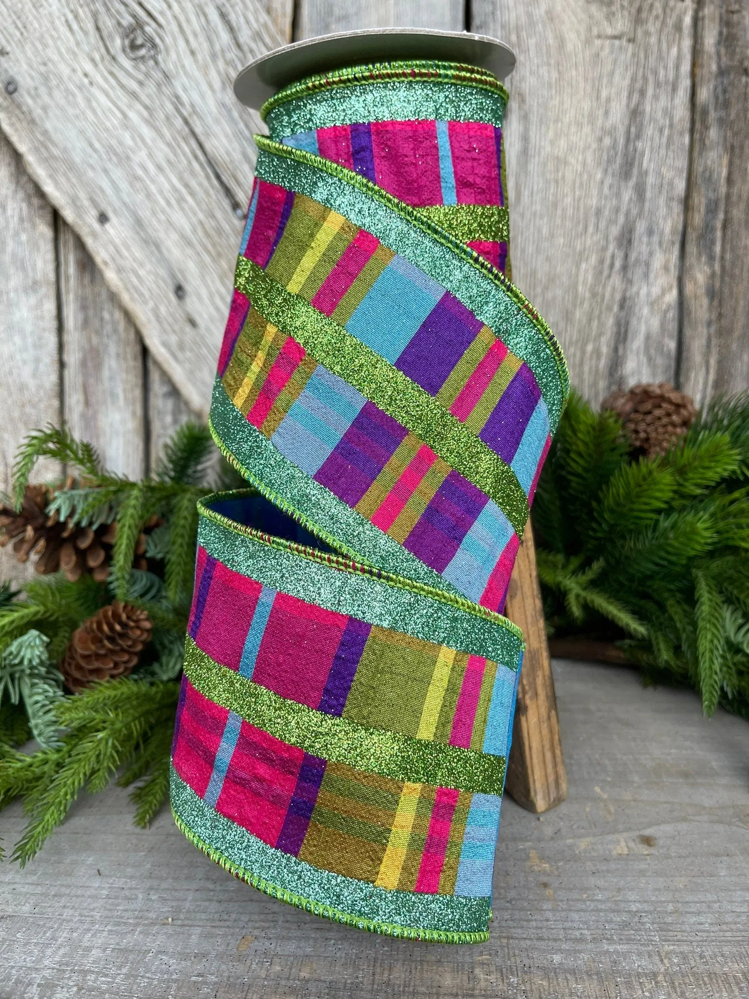 4" Glitter Jewel Tone Plaid, Pink Purple Plaid ribbon