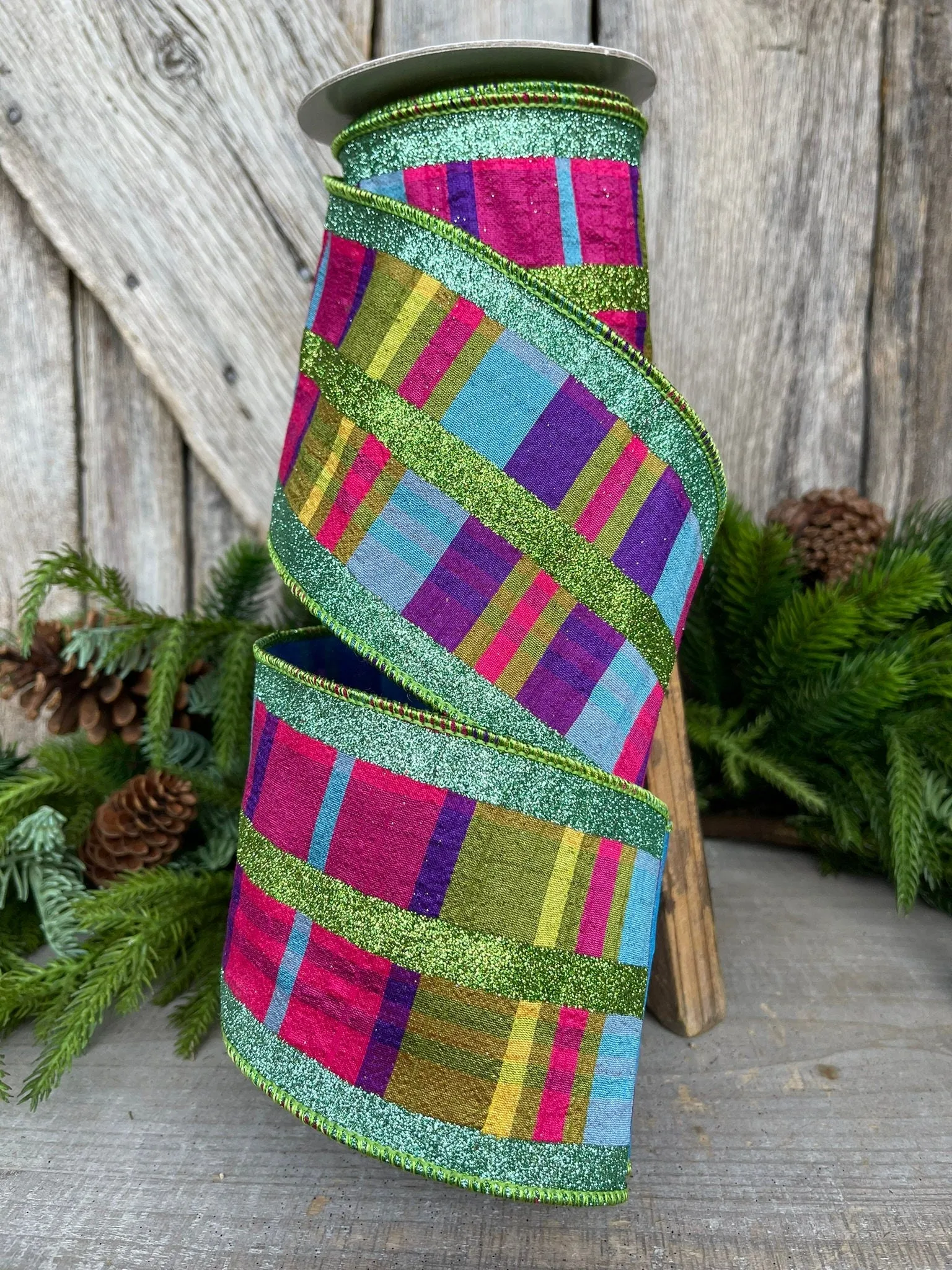 4" Glitter Jewel Tone Plaid, Pink Purple Plaid ribbon