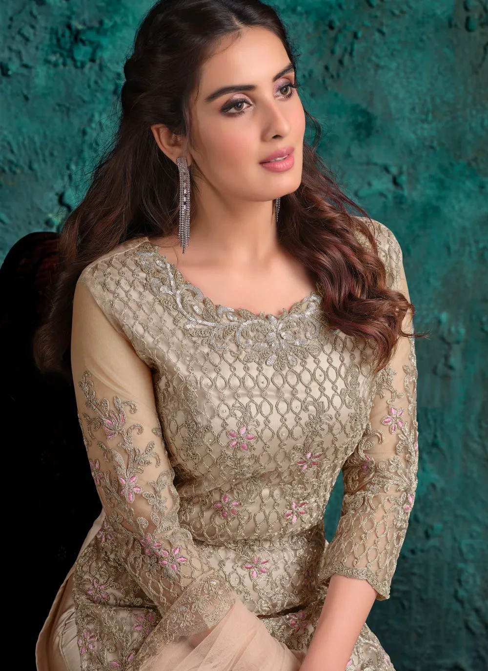 Attractive Beige Net Designer Fancy Pakistani Style Suit