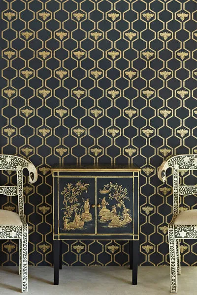 Barneby Gates Honey Bees Wallpaper - Gold on Charcoal