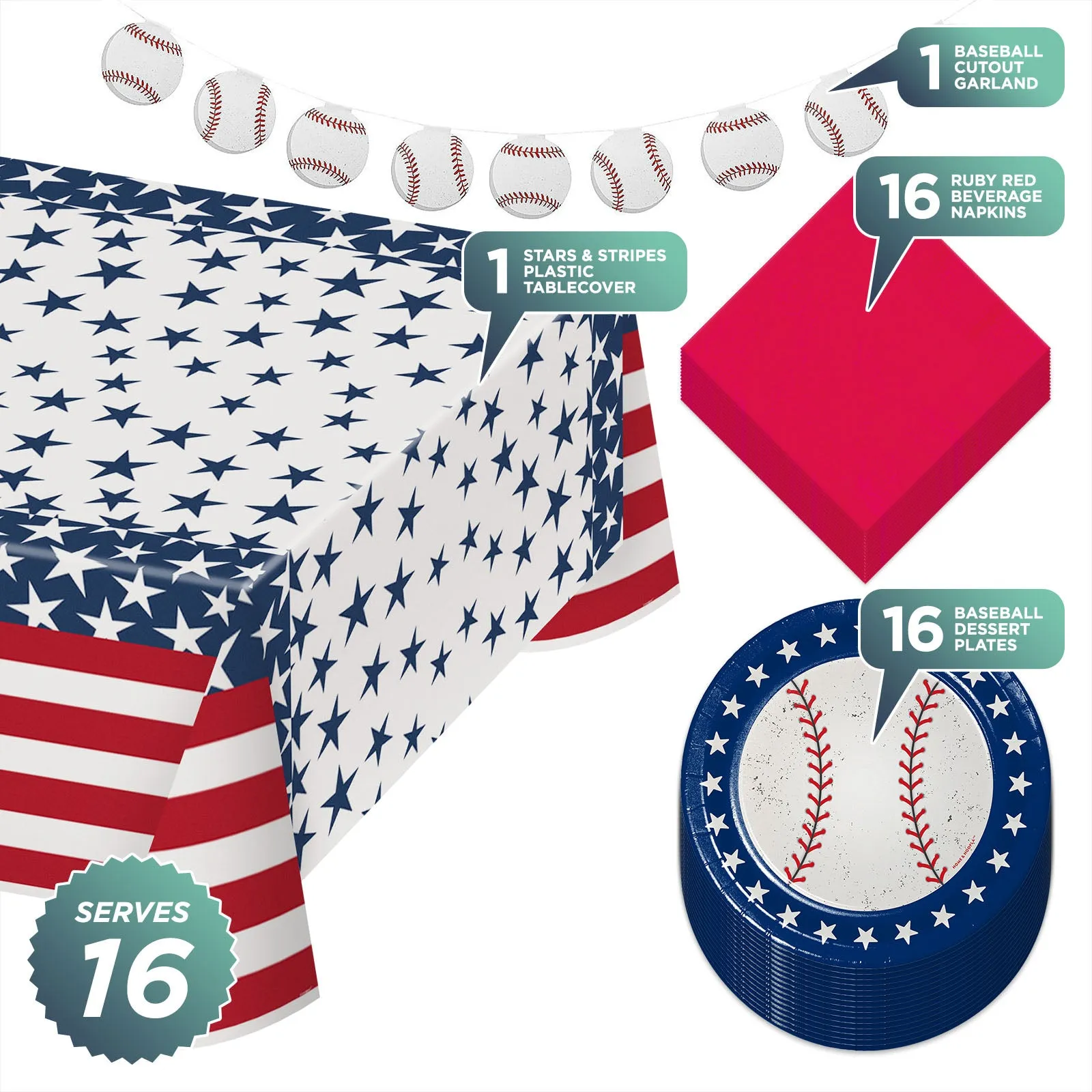 Baseball Party Supplies - All Star Red, White, & Blue Paper Dessert Plates, Napkins, Table Cover, and Baseball Garland Set (Serves 16)