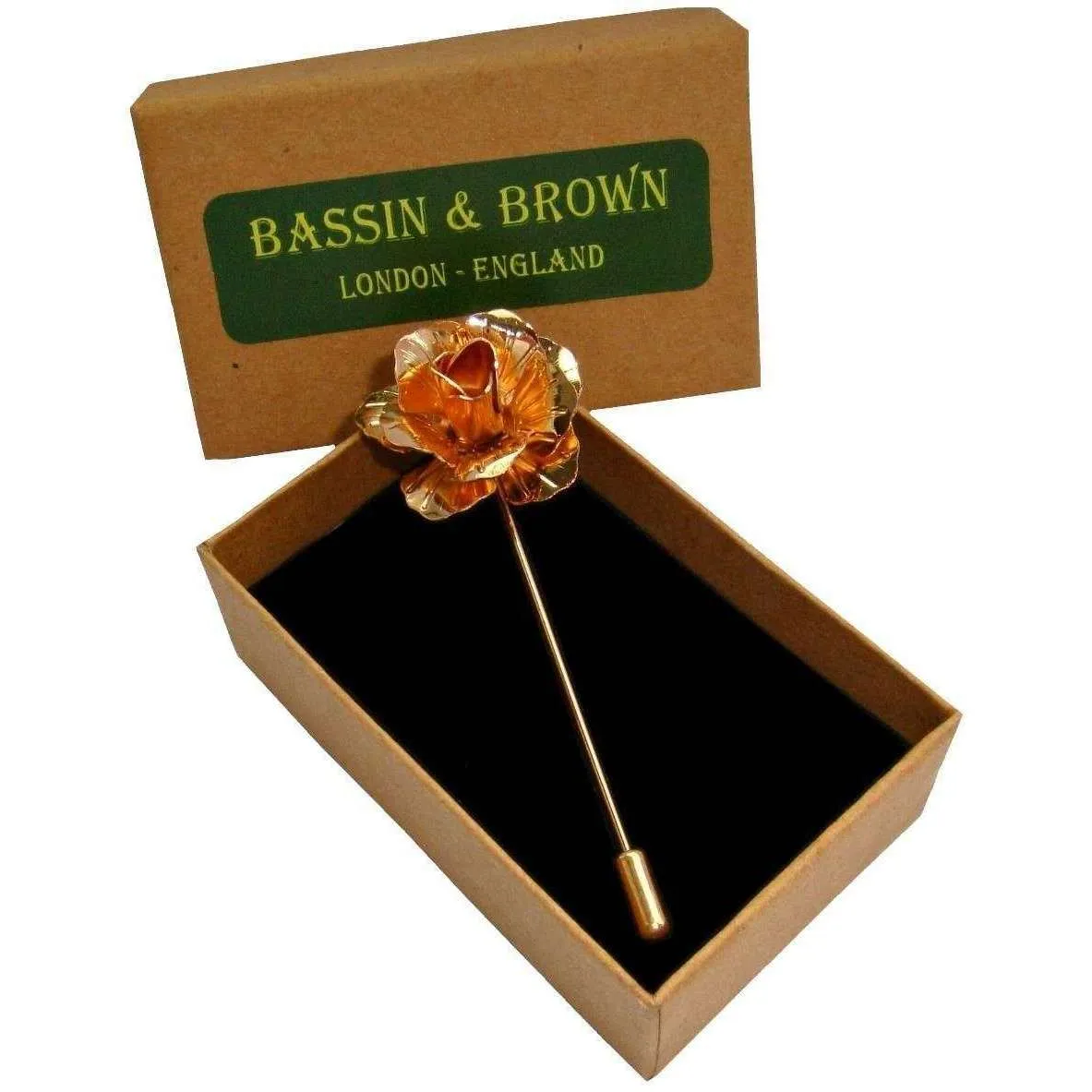 Bassin and Brown Rose Flower Lapel Pin - Vintage Gold