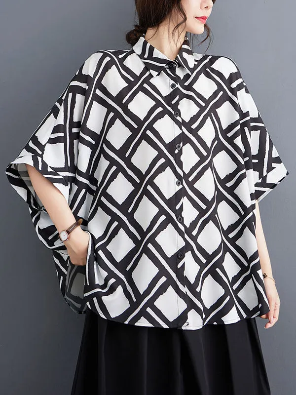 Batwing Sleeves High-Low Buttoned Plaid Printed Lapel Blouses&Shirts Tops