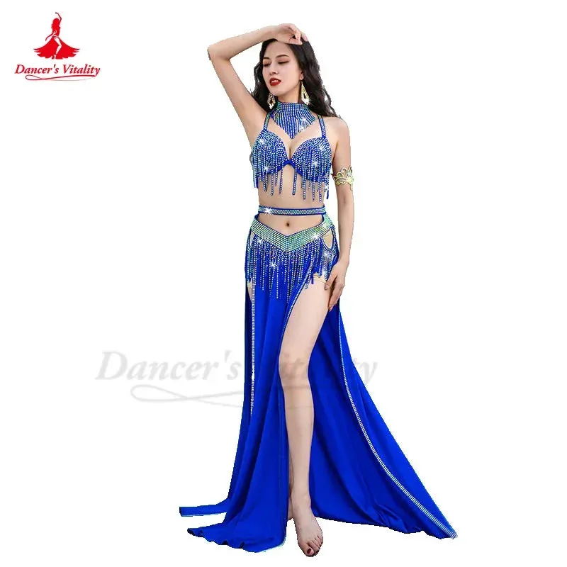 Belly Dance Performance Costume Suit Women Children Customsized AB Stones Bra necklace split Long Skirt 3pcs Bellydance Outfit