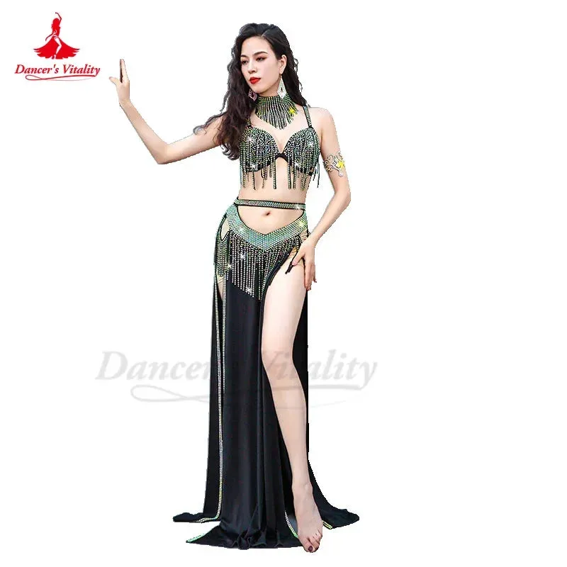 Belly Dance Performance Costume Suit Women Children Customsized AB Stones Bra necklace split Long Skirt 3pcs Bellydance Outfit