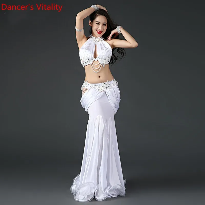 Belly Dance Professional Costume Suit Bra Satin Long Skirt 2pcs Customzied for Women Oriental Belly Dancing Competiton Clothing