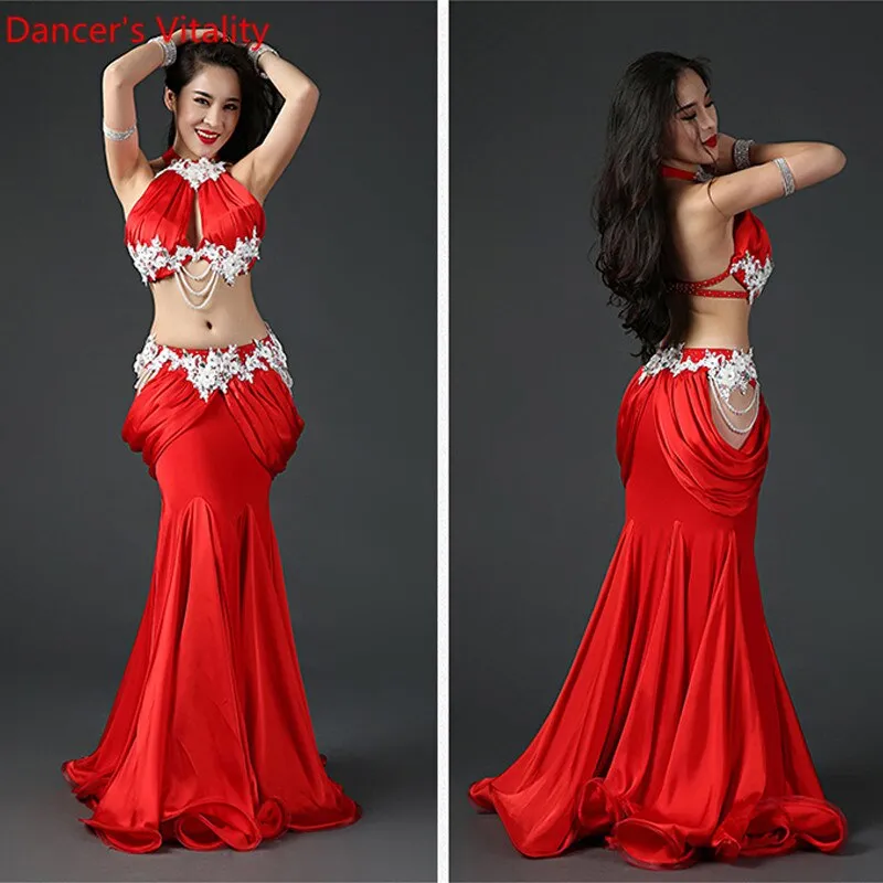 Belly Dance Professional Costume Suit Bra Satin Long Skirt 2pcs Customzied for Women Oriental Belly Dancing Competiton Clothing