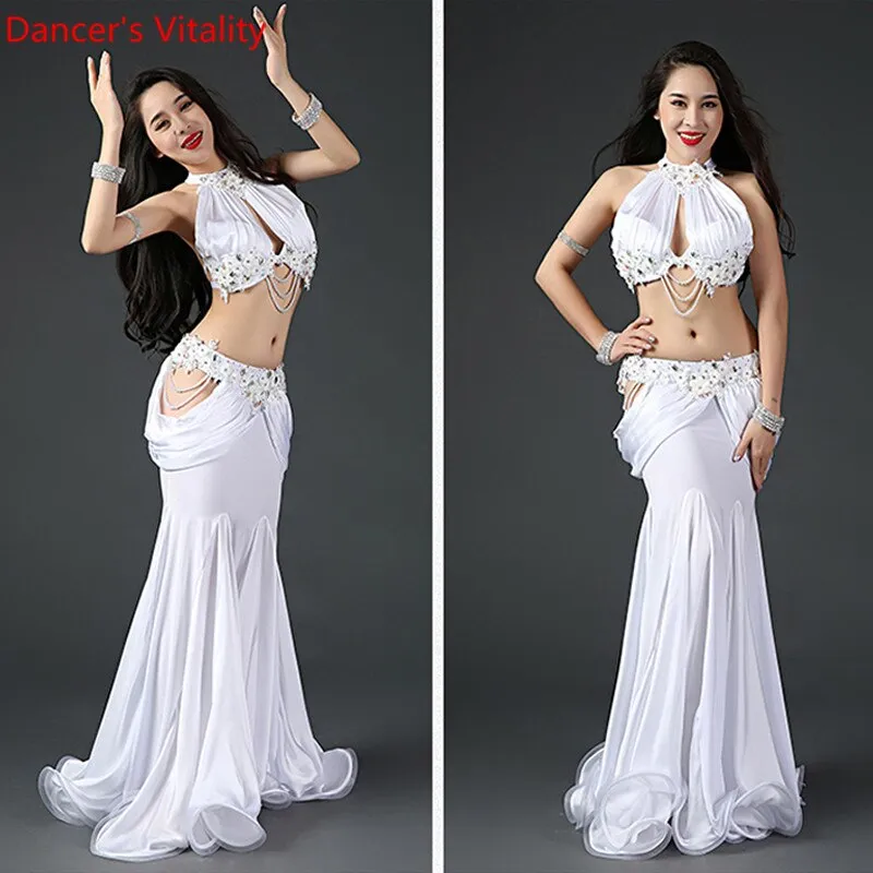 Belly Dance Professional Costume Suit Bra Satin Long Skirt 2pcs Customzied for Women Oriental Belly Dancing Competiton Clothing