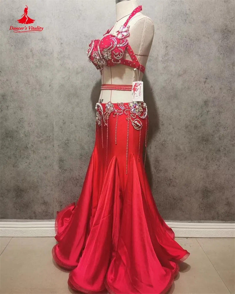 Belly Dance Suit Diamond Bra Tassel Long Skirt Performance Clothing Female Adult Child Competition Clothes Set High-end Custom