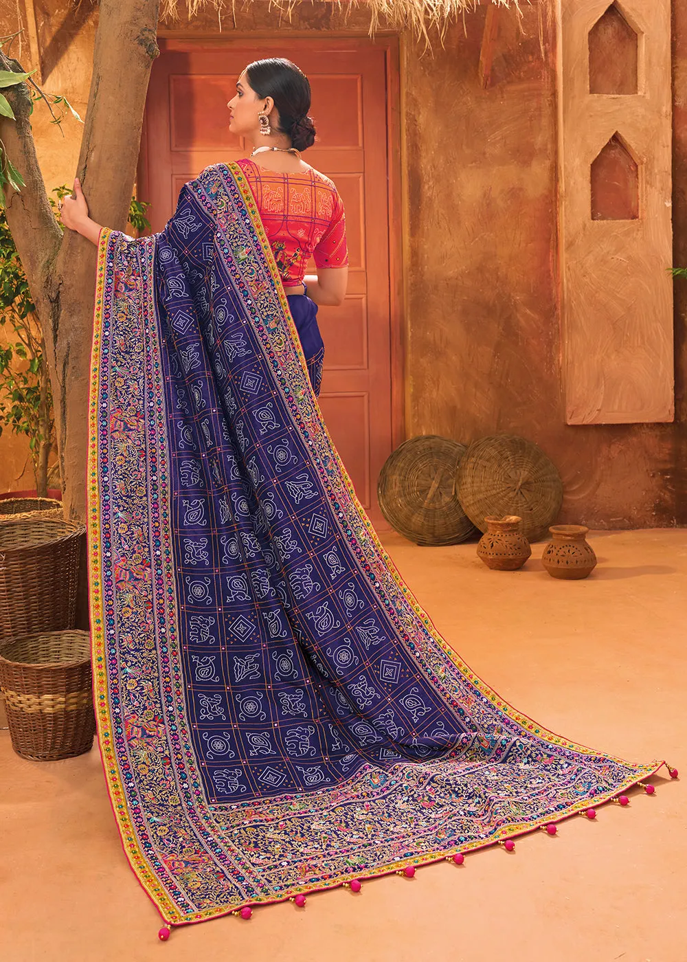 Blue Hand Work Embroidered Traditional Banarasi Silk Saree