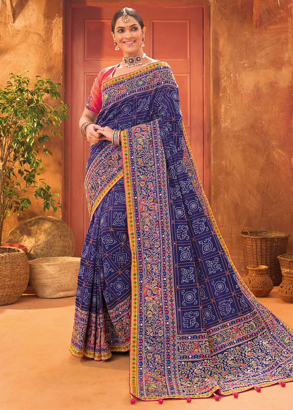 Blue Hand Work Embroidered Traditional Banarasi Silk Saree