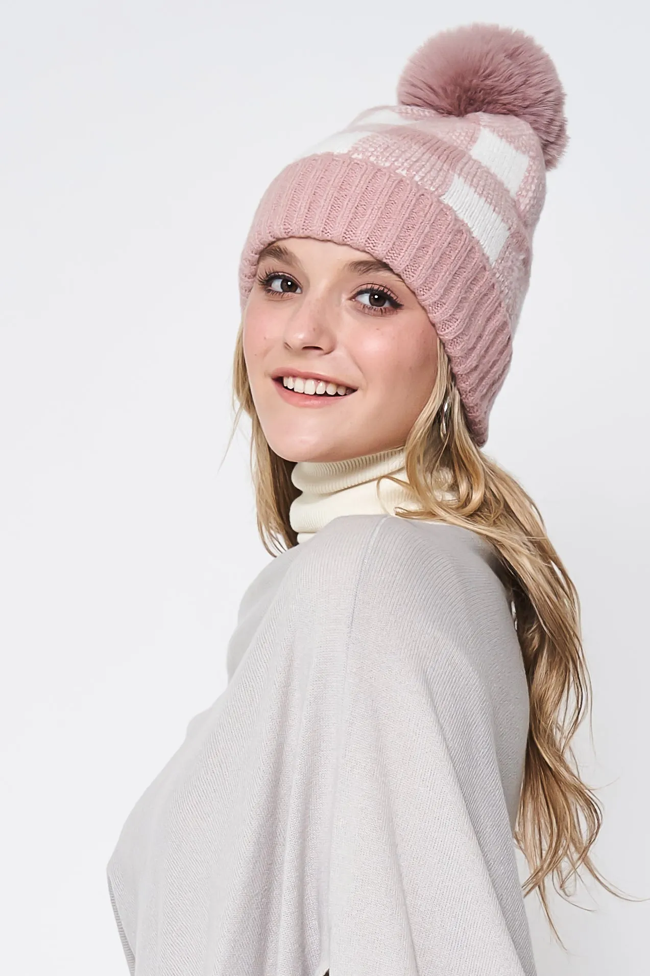 Buffalo Check Cuff Beanie With Pom