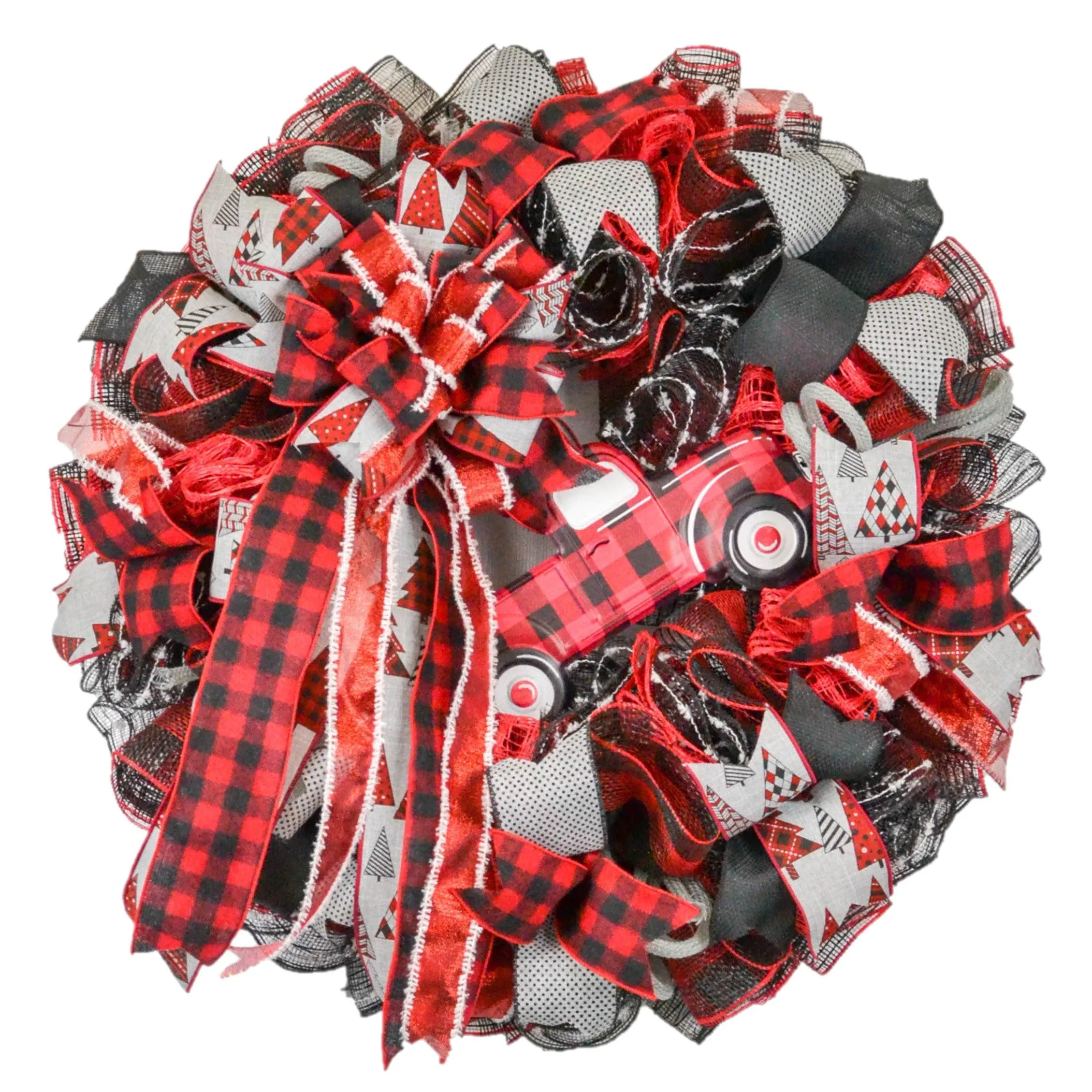 Buffalo Plaid Truck Wreath - Xmas Christmas Mesh Outdoor Front Door Wreaths - White Red Black