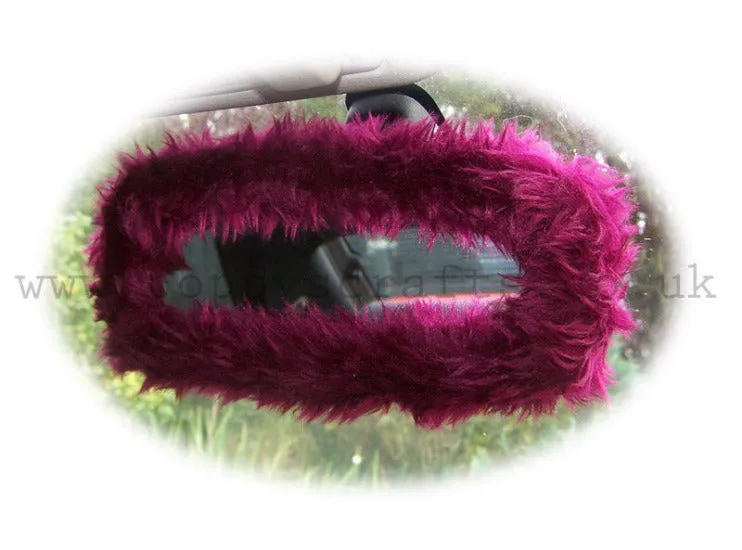 Burgundy Red fuzzy steering wheel cover with cute matching rear view mirror cover