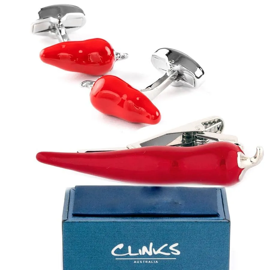 Chilli Pepper Red Cufflinks & Tie Clip Set