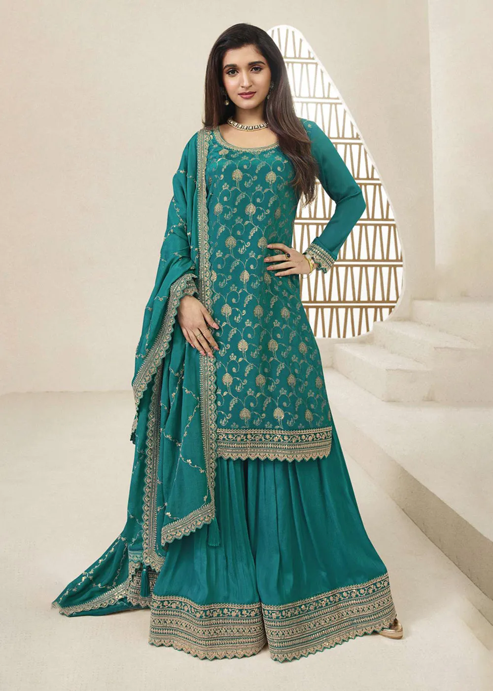 Chinnon Jacquard Rama Green Zari Embroidered Palazzo Suit