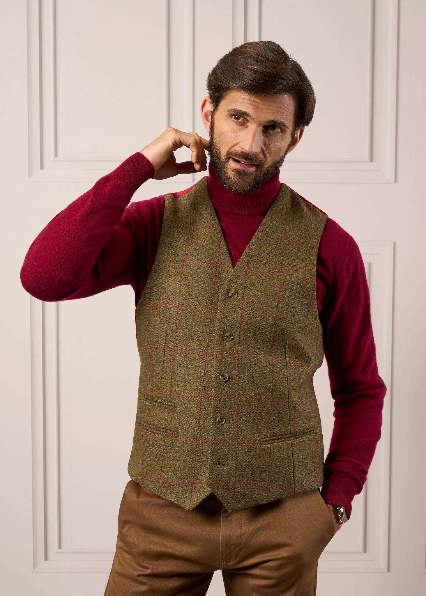 Combrook Men's Tweed Lined-Back Waistcoat In Sage - Regular Fit