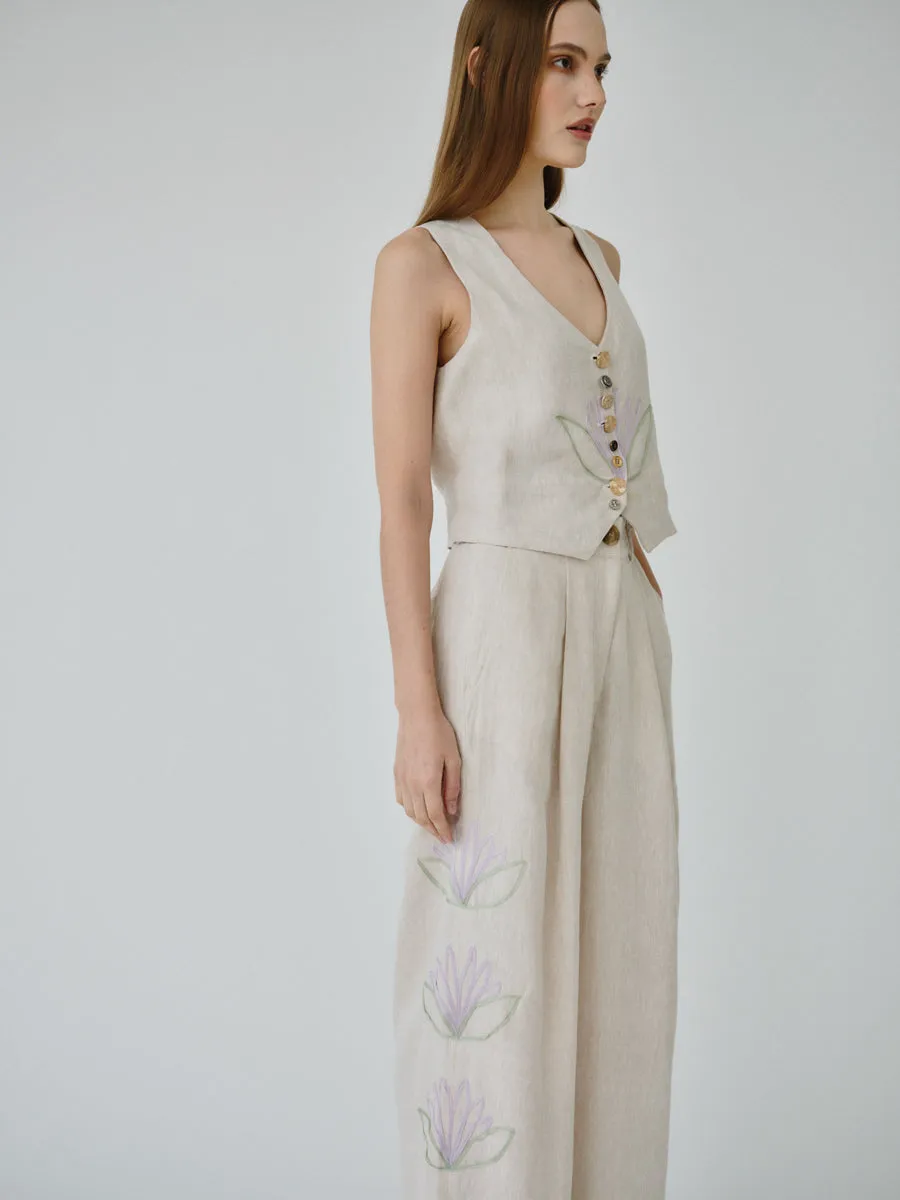 Daphne Floral Linen Waistcoat in Beige