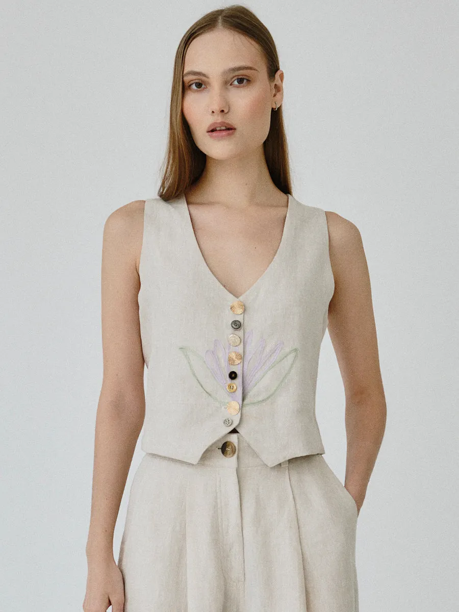 Daphne Floral Linen Waistcoat in Beige