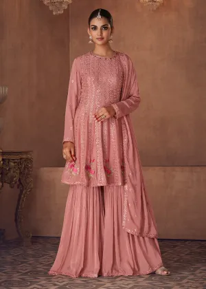 Embellished Peachy Pink Chinon & Georgette Designer Palazzo Suit