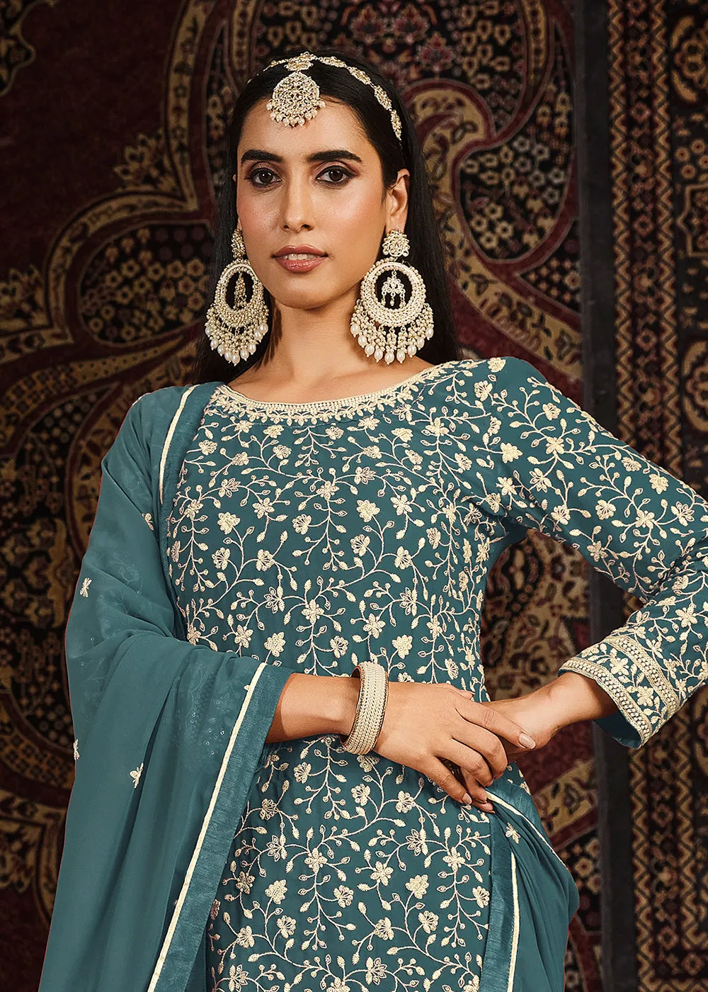 Festive Dusty Teal Color Faux Georgette Palazzo Salwar Suit