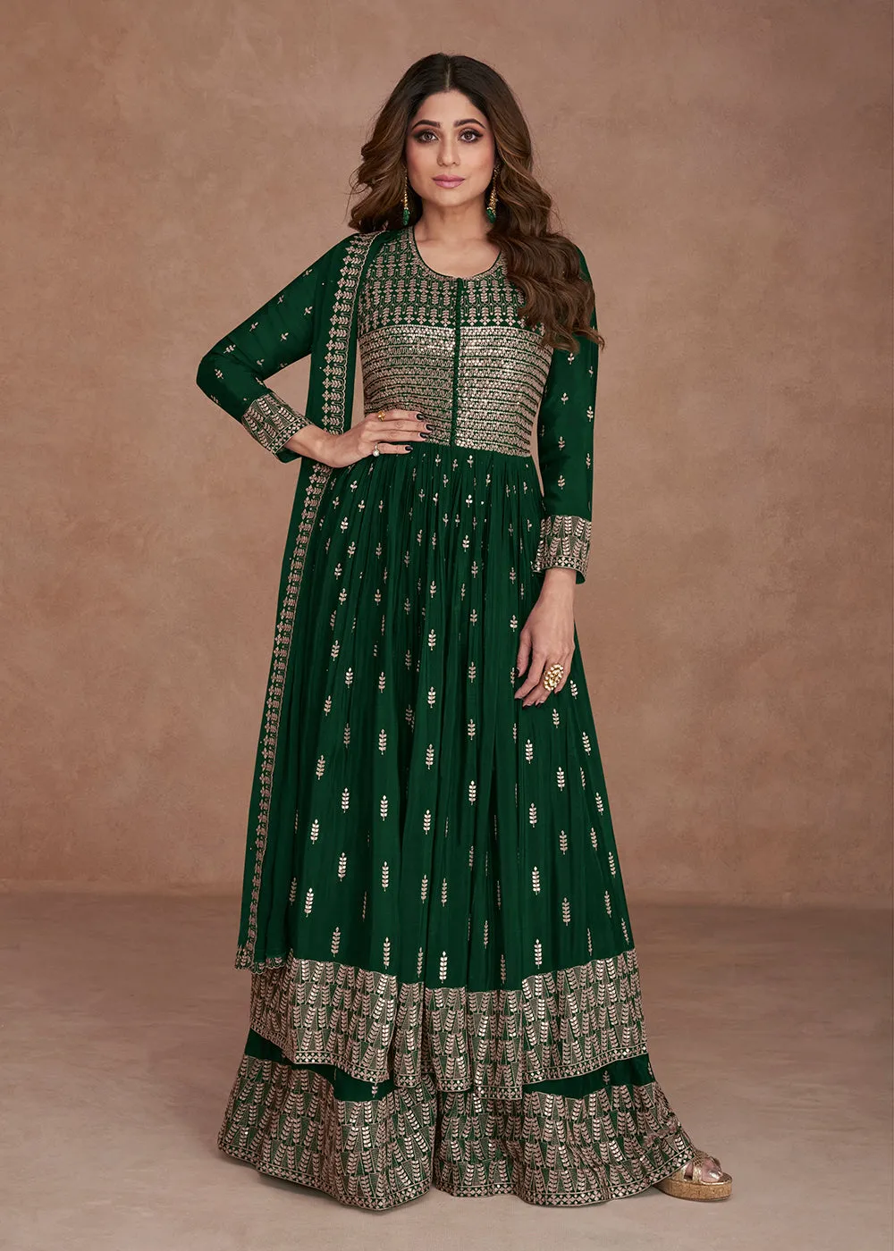 Festive Look Gorgeous Green Zari Embroidered Palazzo Suit