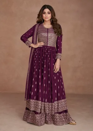 Festive Look Wonderful Plum Wine Zari Embroidered Palazzo Suit