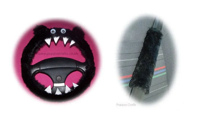 Fluffy Black Monster Car Steering wheel cover & fuzzy black seatbelt pad set