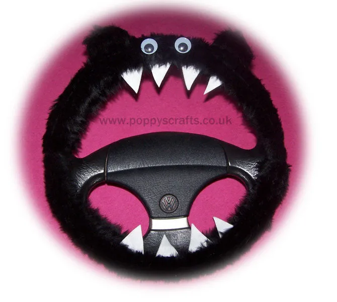 Fluffy Black Monster Car Steering wheel cover & fuzzy black seatbelt pad set