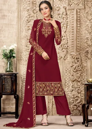 Georgette Deep Maroon Heavy Embroidered Palazzo Suit