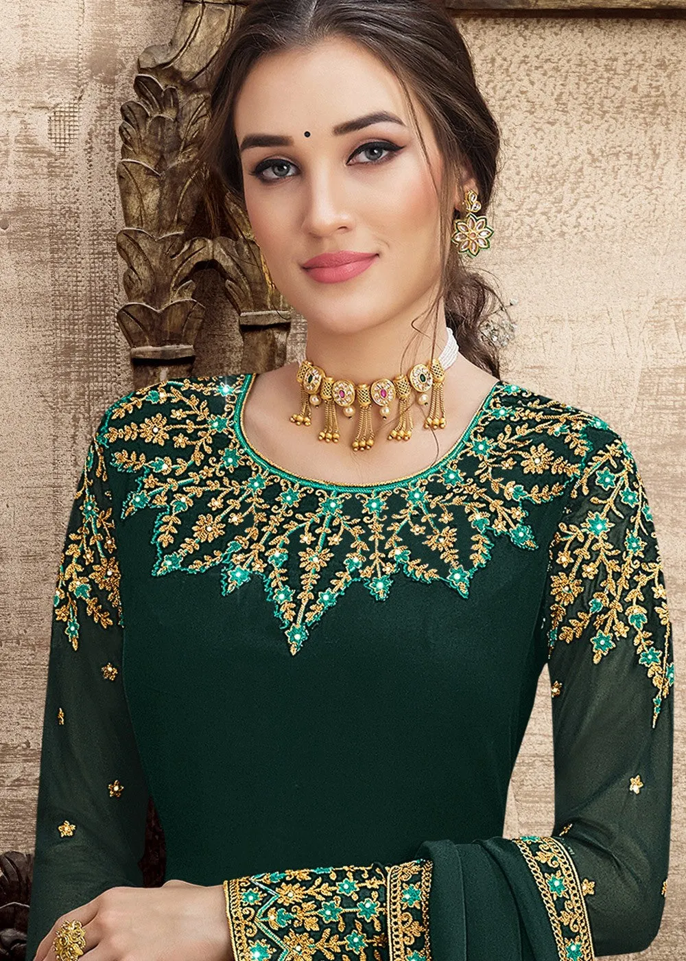 Georgette Teal Green Heavy Embroidered Palazzo Suit