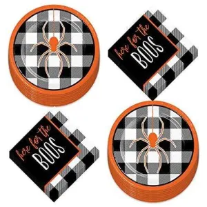 Halloween Party Black Plaid Spider Paper Dessert Plates &"Here for The Boos" Beverage Napkins (Serves 16)