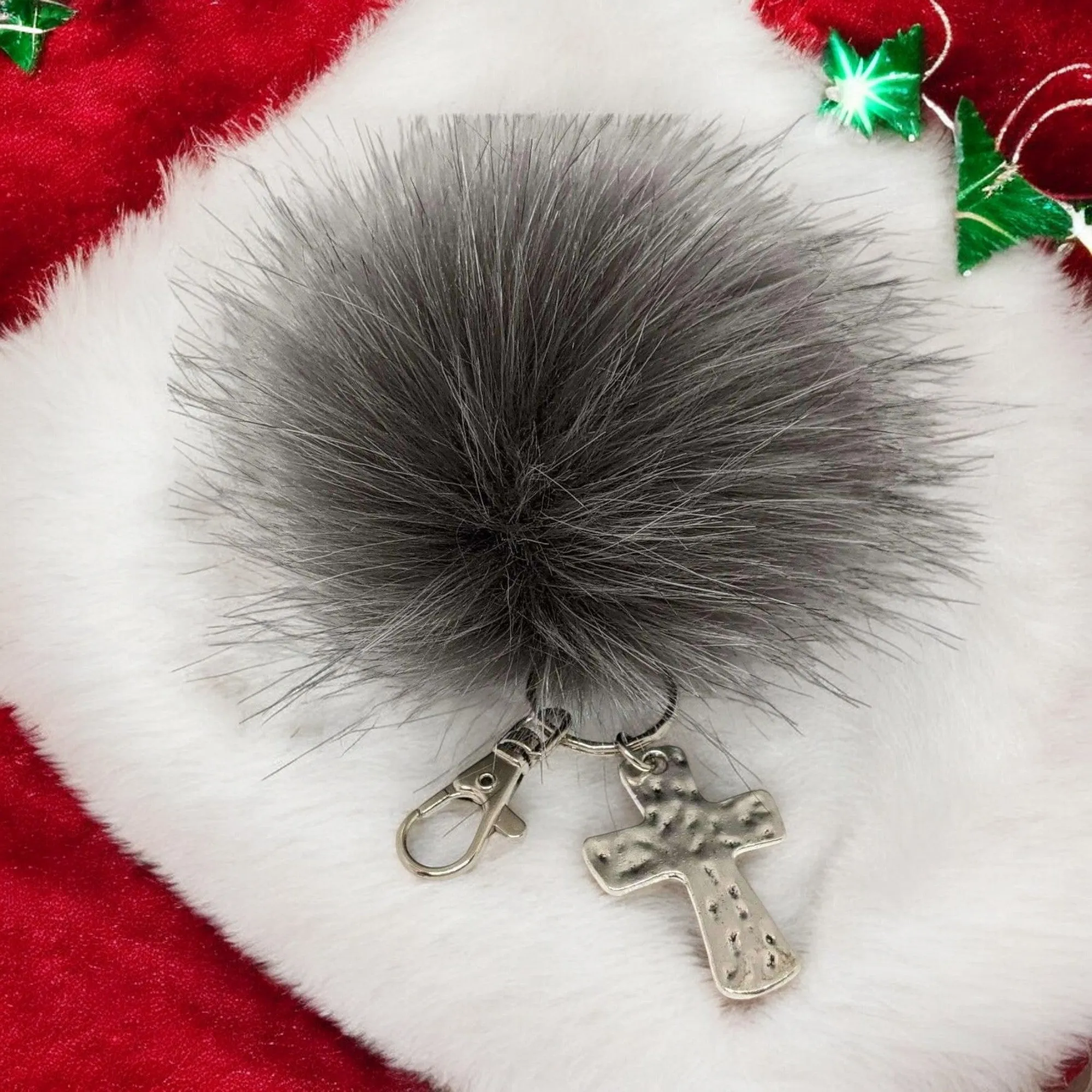 Hammered Cross Keychain/ Faux Fur Pom Pom and charm Key Chain-Purse Charm/Journal Charm