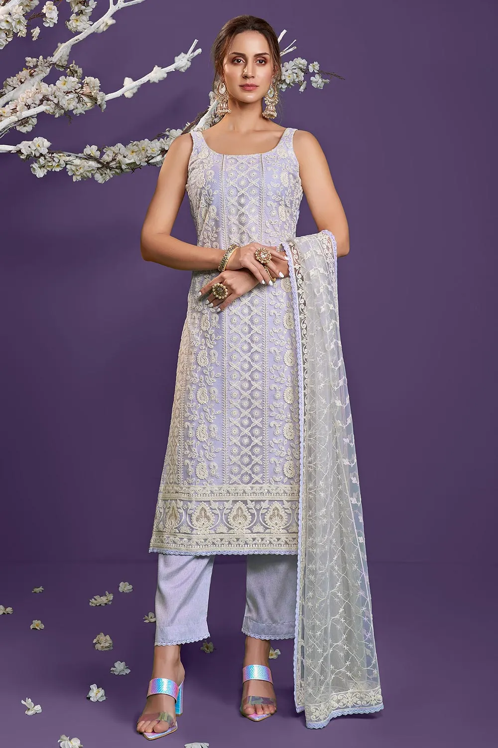 Lavender Lucknowi Chikankari Embroidered Pant Style Suit