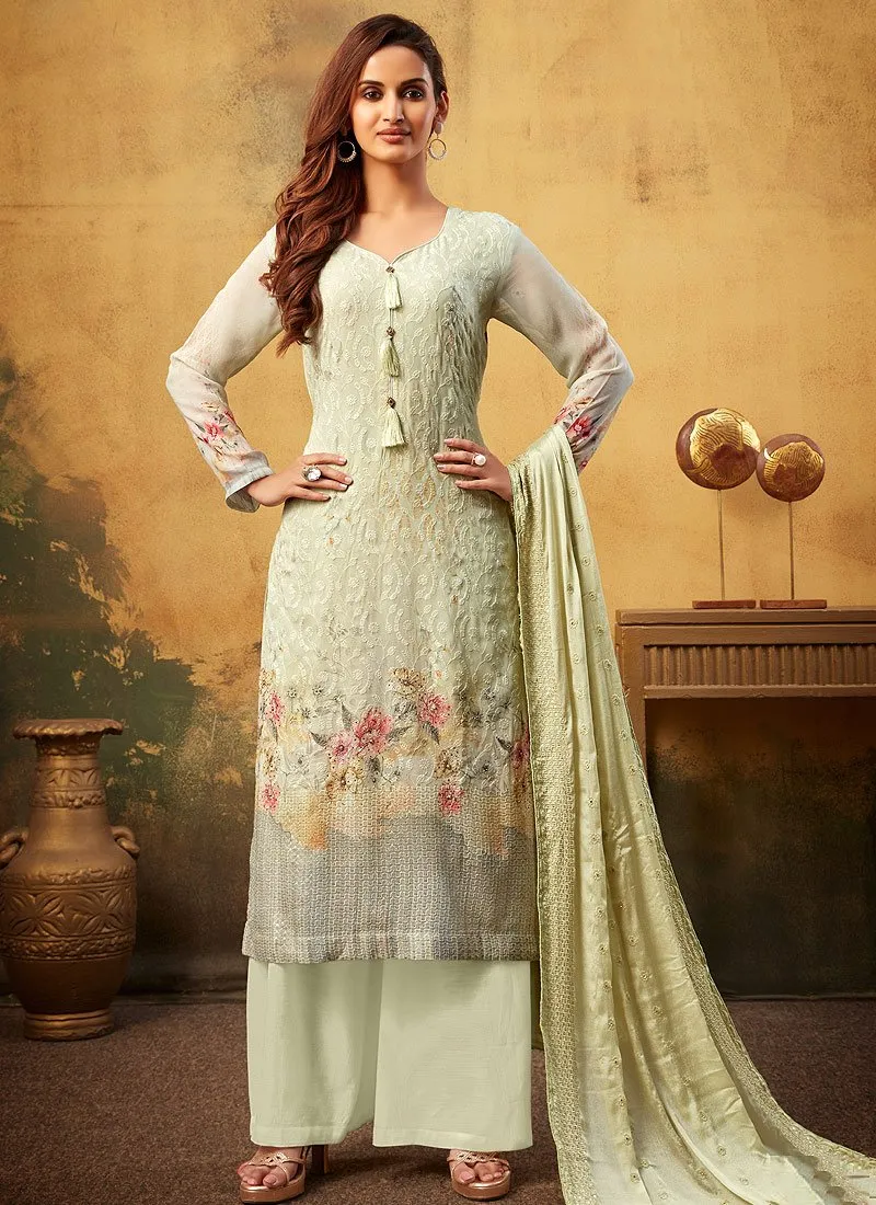 Light Green Embroidered Bamber Georgette Palazzo Suit