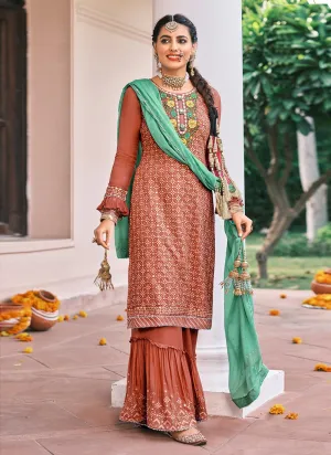 Pakistani Style Brown Embroidered Suit with Palazzo