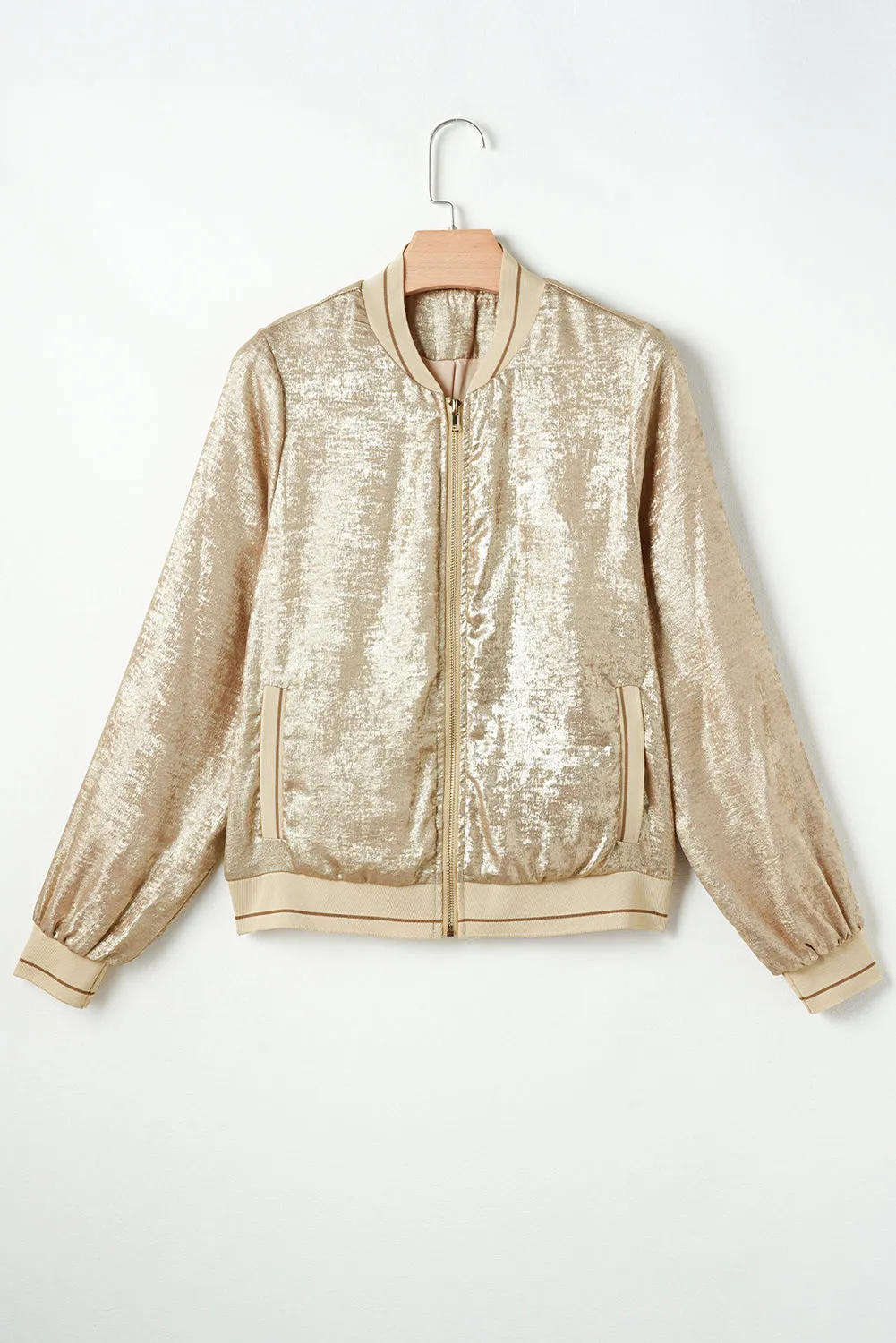 Pale Khaki Metallic Zip up Baseball Jacket