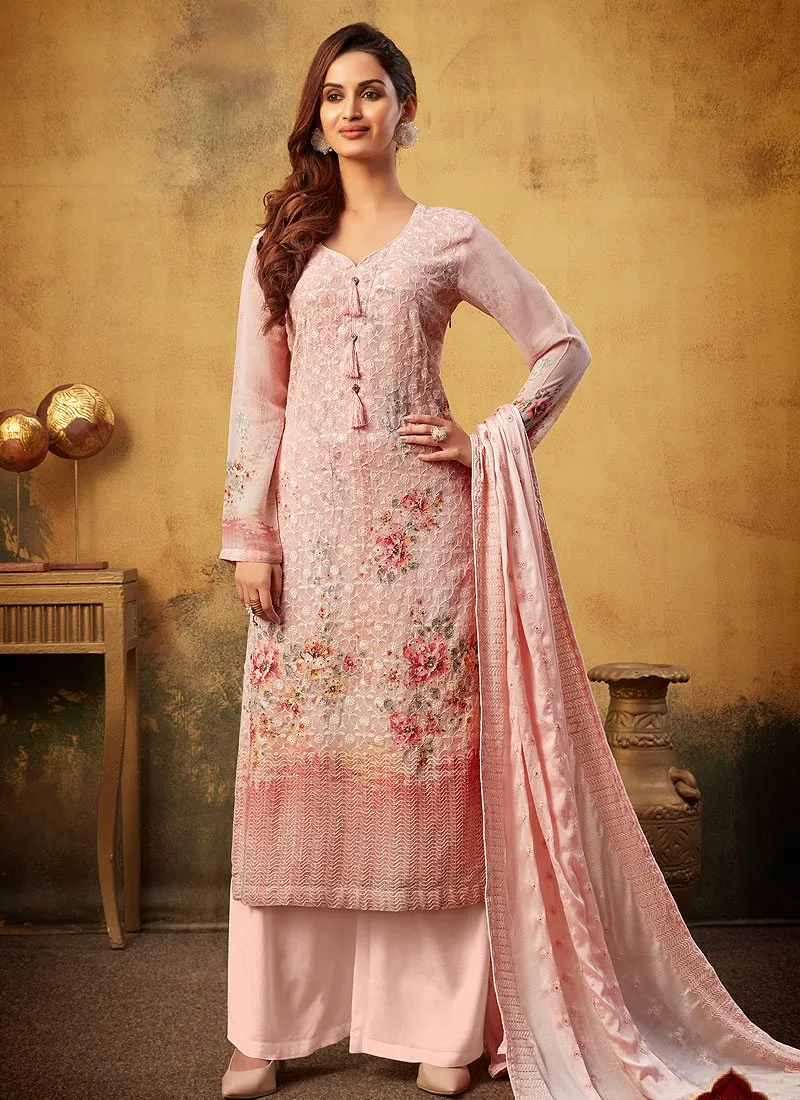 Peach Embroidered Bamber Georgette Palazzo Suit