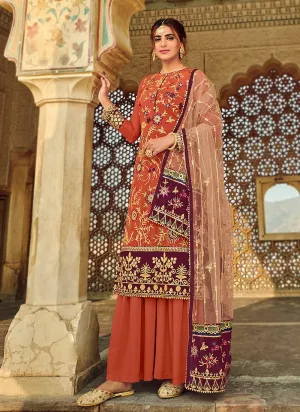 Stunning Orange Embroidered Georgette Palazzo Suit