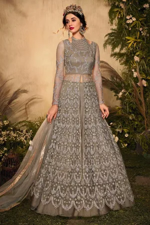 Taupe Grey Zari Embroidered Net Anarkali Suit