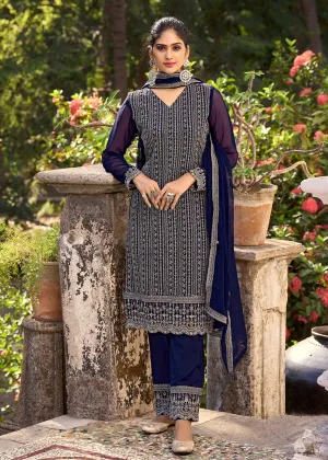 Thread & Sequins Embroidered Blue Pant Style Salwar Suit