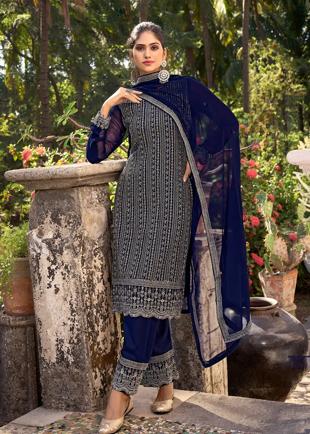 Thread & Sequins Embroidered Blue Pant Style Salwar Suit