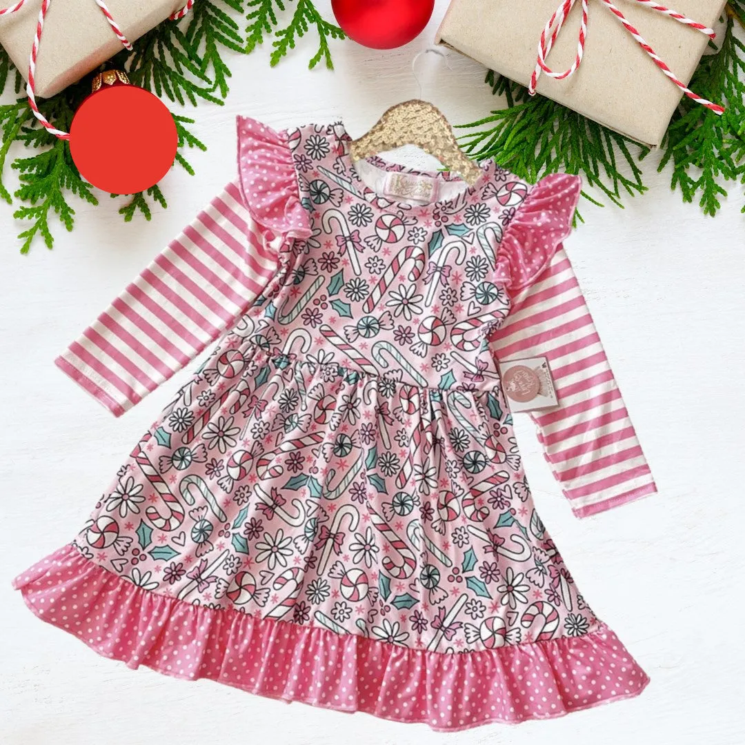 Winter Fun Girls Twirl Dresses - Pink Candy Canes & Treats Polka Dot Ruffle Bottom