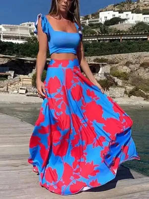 Women’sTtwo-Piece Suit Fashion Print Sexy Big Swing Skirt Suit